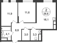 2-ком, 58,8 кв.м., 16/22эт.