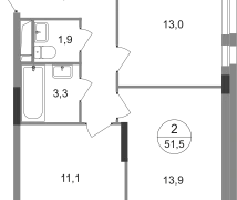 2-ком, 51,5 кв.м., 11/19эт.