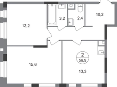 2-ком, 56,9 кв.м., 1/19эт.