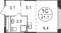 Студия, 21,1 кв.м., 9/19эт.
